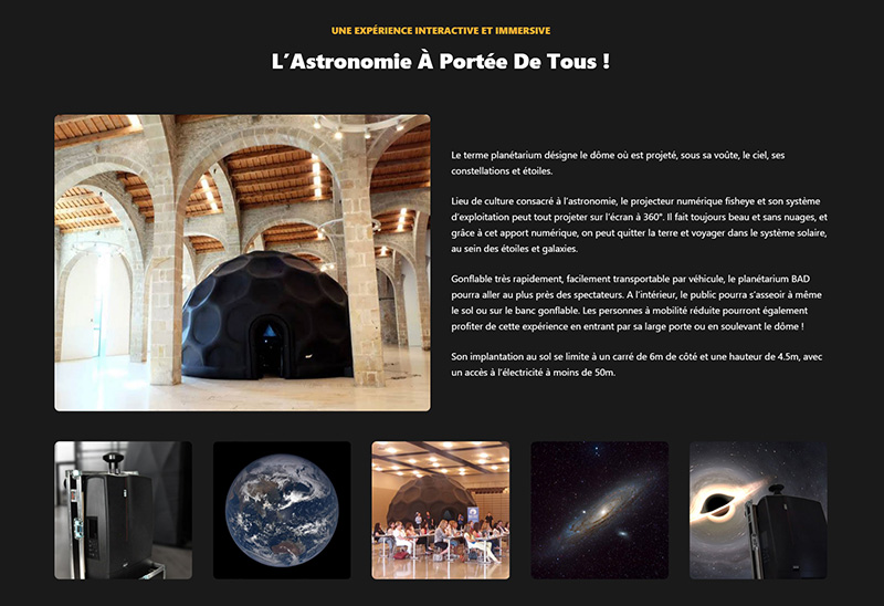 Exemple de page du site du planétarium itinérant Bassin Astronomie Découverte